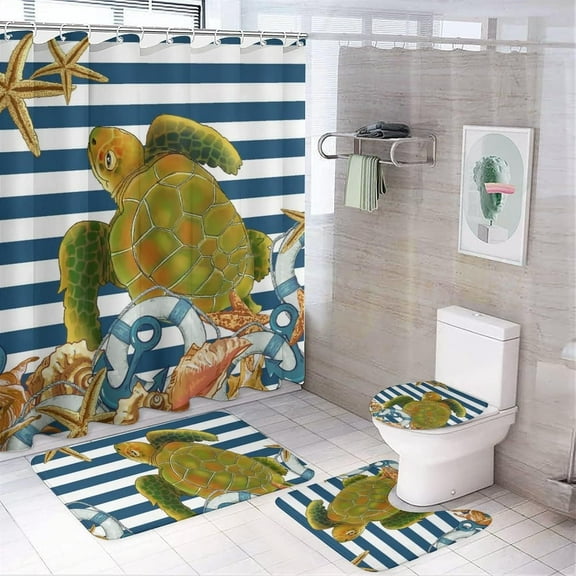 4Pcs Shower Curtain Sets With Non-Slip Rugs, Toilet Lid Cover And Bath Mat, Palm Trees & Sea Turtle Bathroom Set of 4 With Waterproof Bathroom Decor Sets With Curtain & Rugs,12 Hooks, 71" x 71"