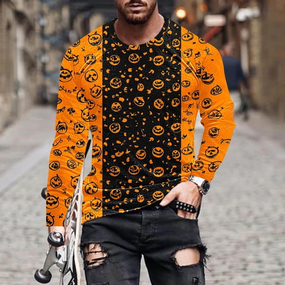 Yusimy Men's Sport Long Sleeve Shirt Halloween Print Round Neck Casual Streetwear Urban Fashion Graphic Tee Y2K Retro Style