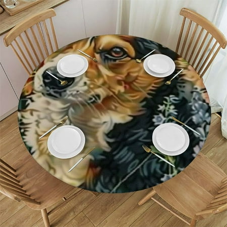 

Sheronv Dog Flowers Round Table Cover Stain Resistant Washable Indoor Outdoor Tablecloth Kitchen Dining Wedding Parties 100% Polyester for Picnic Farmhouse Table Cloth 54 -58