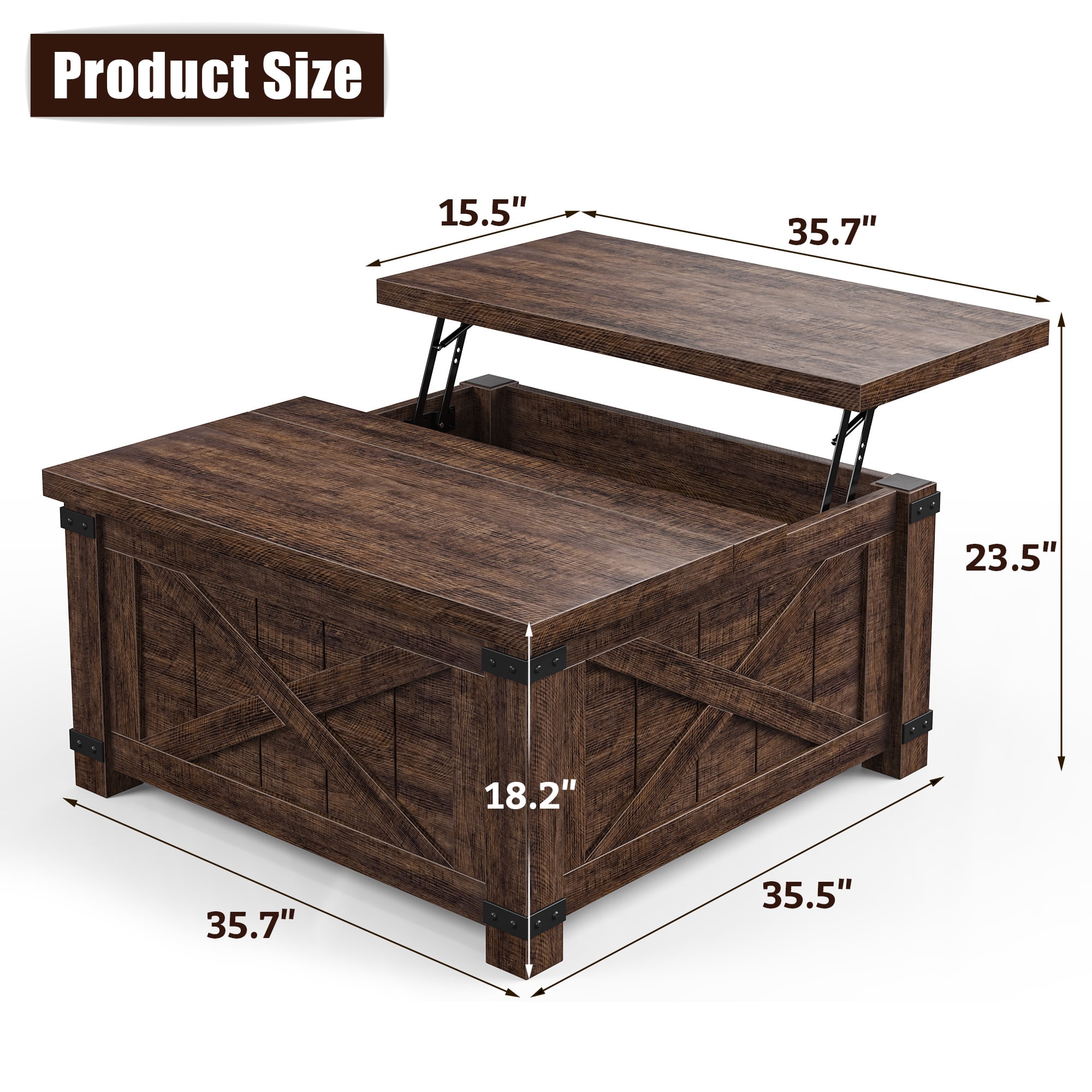 Romorgniz 35.7" W Square Lift Top Coffee Table Farmhouse Coffee Table with Large Hidden Storage Wooden Center Table for Living Room, Brown