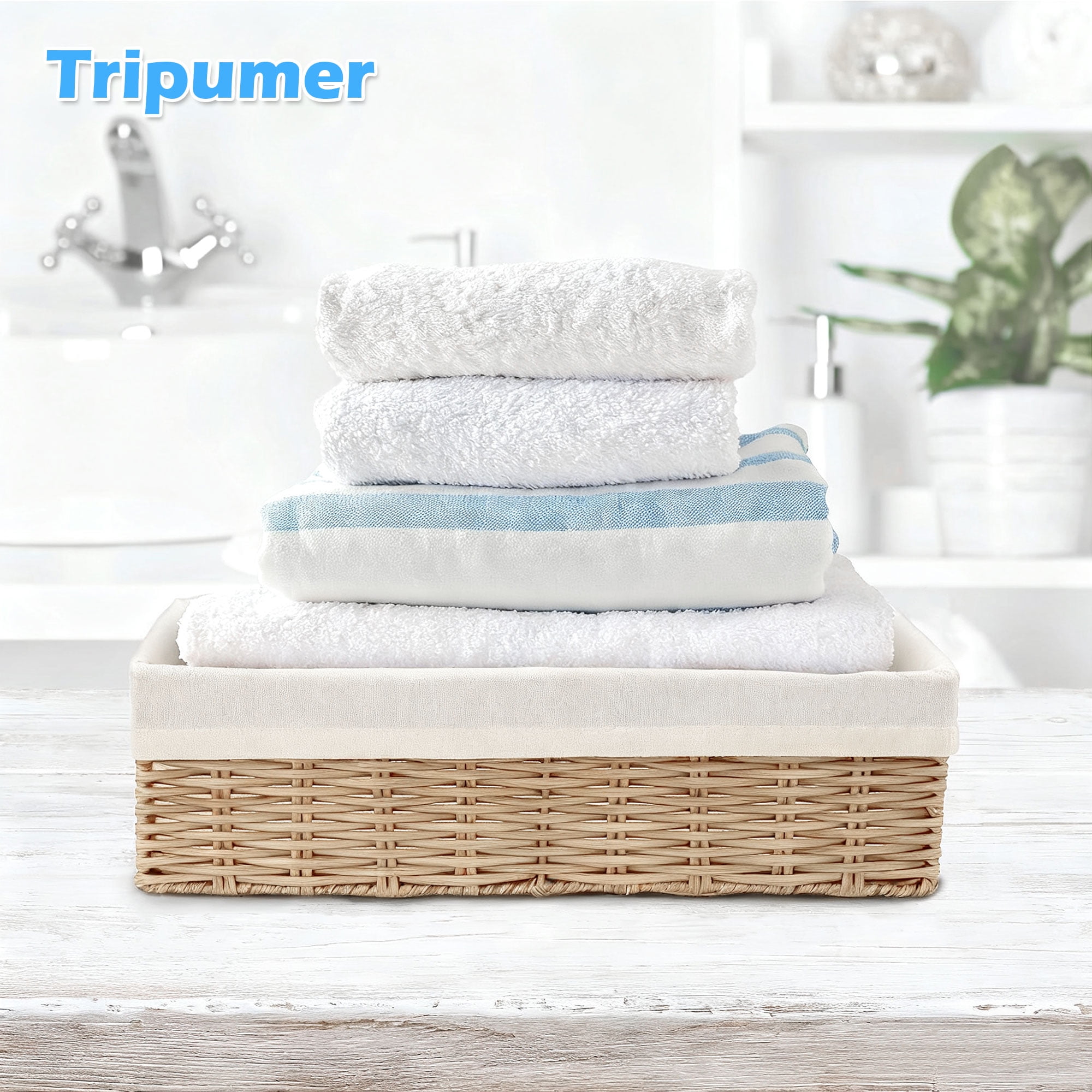 Tripumer 3Pcs Rectangular Wicker Storage Baskets with White Lining, Multi-Purpose Organizers for Home Bathroom Kitchen