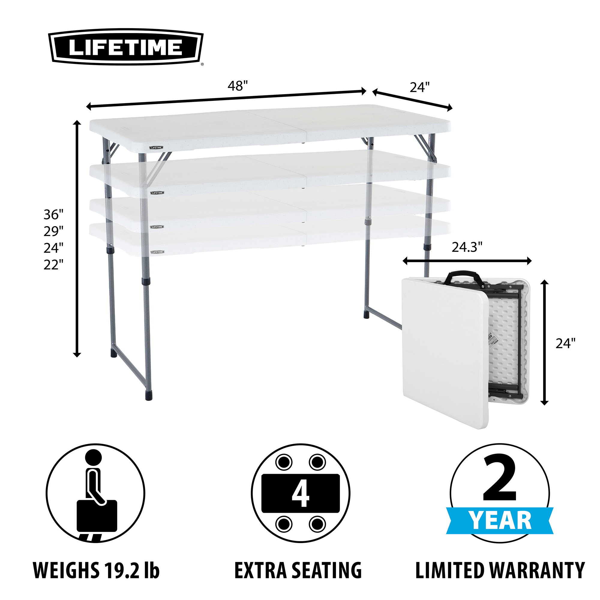 Lifetime 4-Foot Height-Adjustable Fold-In-Half Table, White photo 3