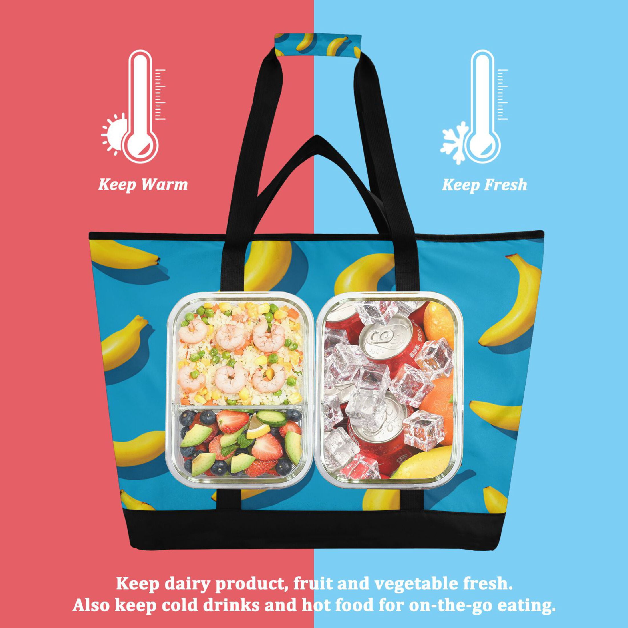 Extra-Large Wide Opening Design Capacity Hand-Held Ice Pack Thickened Insulation Layer For Long-Lasting Cold Retention For Outdoor Shopping Picnics And Camping Simple Bananas Pattern