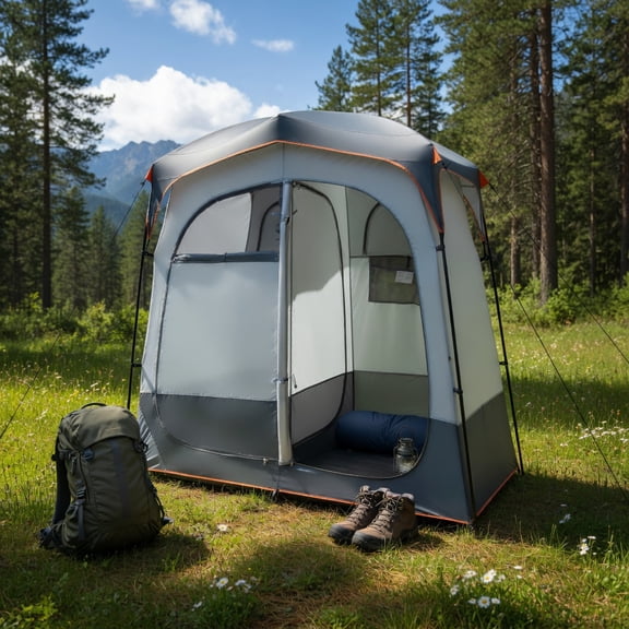 Topcobe 2 Rooms Oversize Privacy Shower Tent with Removable Rain Fly and Inside Pocket, Easy Set Up Shower Privacy Shelter, Gray