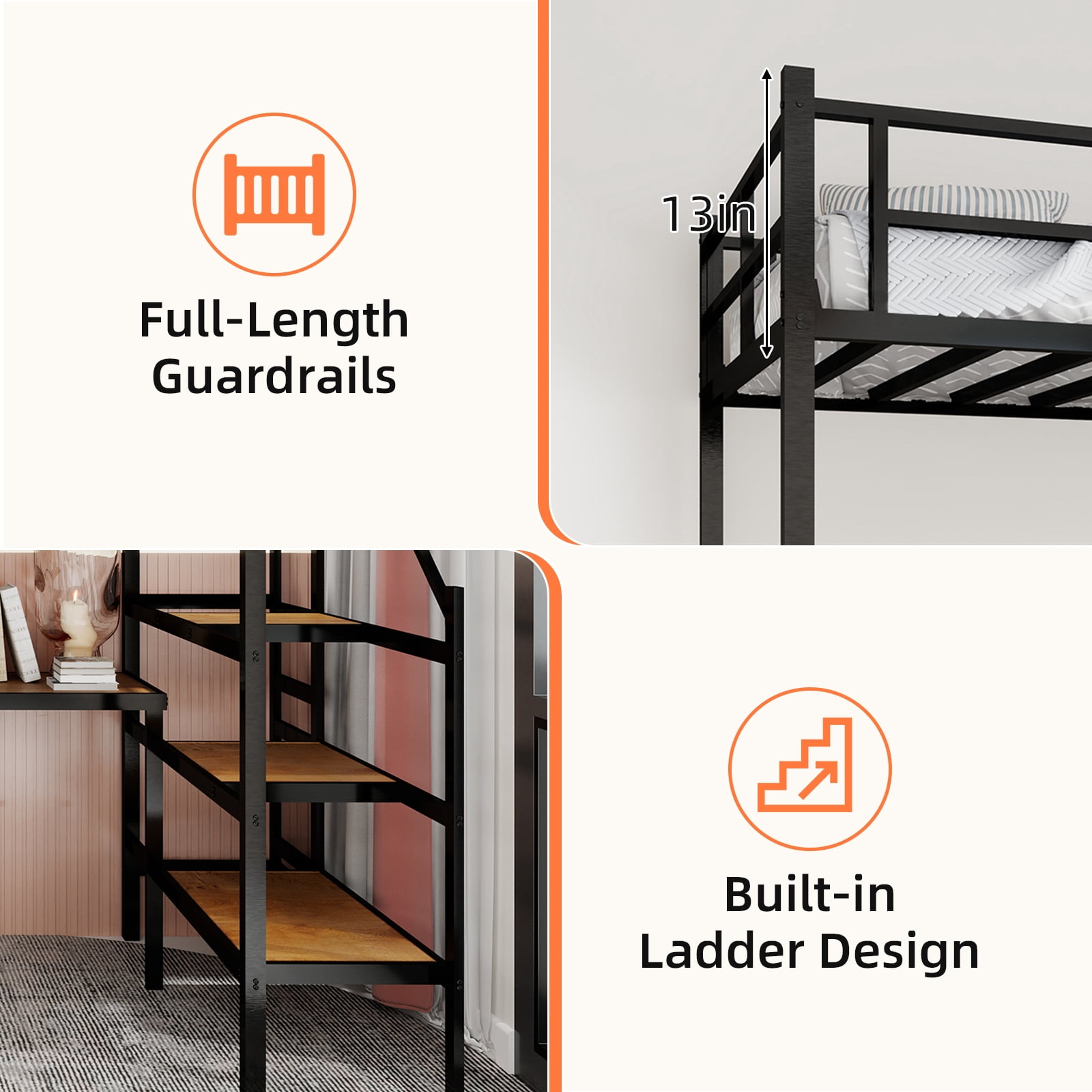 Alvantor Loft Bed Twin Size with L-shaped Desk, Metal Bed Frame with stairs for Kids/Teens, No Box Spring Needed Black