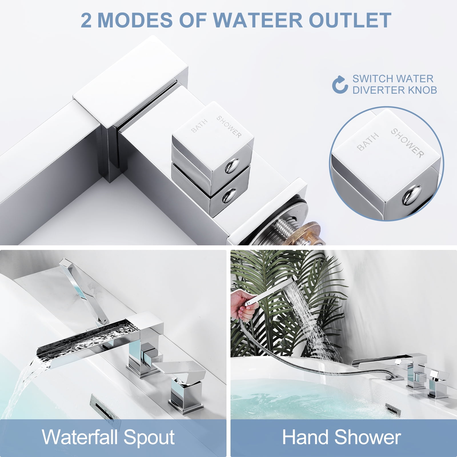 Waterfall Roman Tub Faucets Chrome: WOWOW Deck Mount Bathroom Bathtub Faucet with Sprayer, Garden Tub Faucet