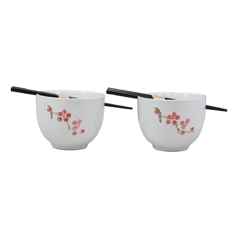 Japanese Ramen Bowl Set - 1000ml Ceramic Bowl With Floral Print, Lid, Spoon & Chopsticks, Microwave & Dishwasher Safe