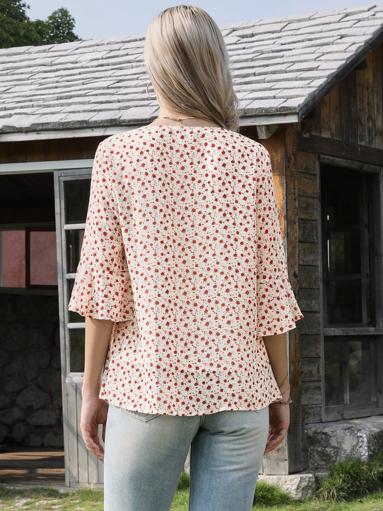 DARING DIVA Women's Chiffon Blouses Casual 3/4 Sleeve Ruffle Floral Top XS Beige