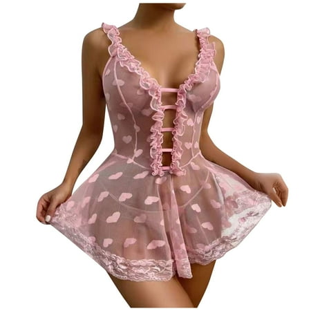 

BIZIZA Women s Chemise Sleepwear Plus Size Lace Mesh Strappy Solid Color Nightdress Sexy Lingerie Pink M