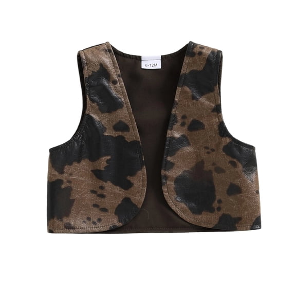 BemeyourBBs Toddler Baby Boy Girl Cow Print Vest Jacket Vintage Western Cowboy Outfit Cowgirl Vest PU Leather Cowprint Vest Open Front Jacket Sleeveless Waistcoat