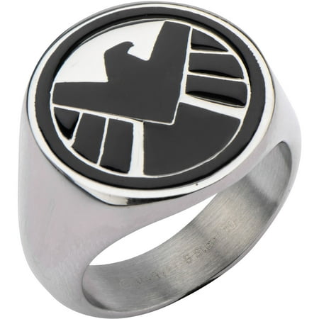 Marvel Men's Stainless Steel Black S.H.I.E.L.D Logo Ring