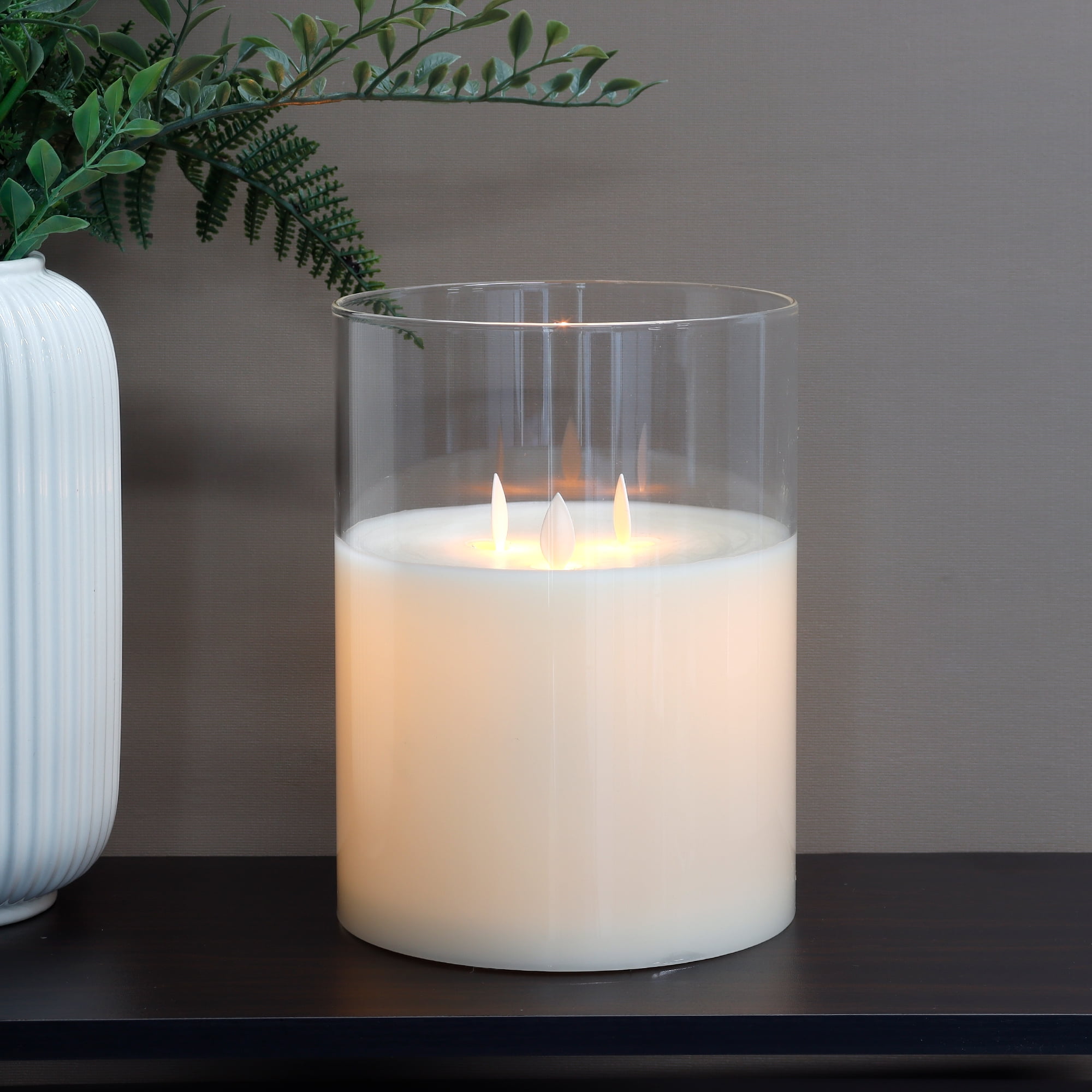 JHY DESIGN 3-Wick Flicker LED Flameless Pillar Candles with Timer, Real Wax, Battery Operated, 8'' High