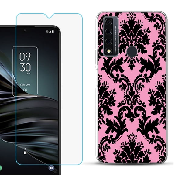 Slim-Fit Fashion Phone Case for TCL 20 XE, with Tempered Glass Screen Protector, by OneToughShield ® - Victorian Pink/Black