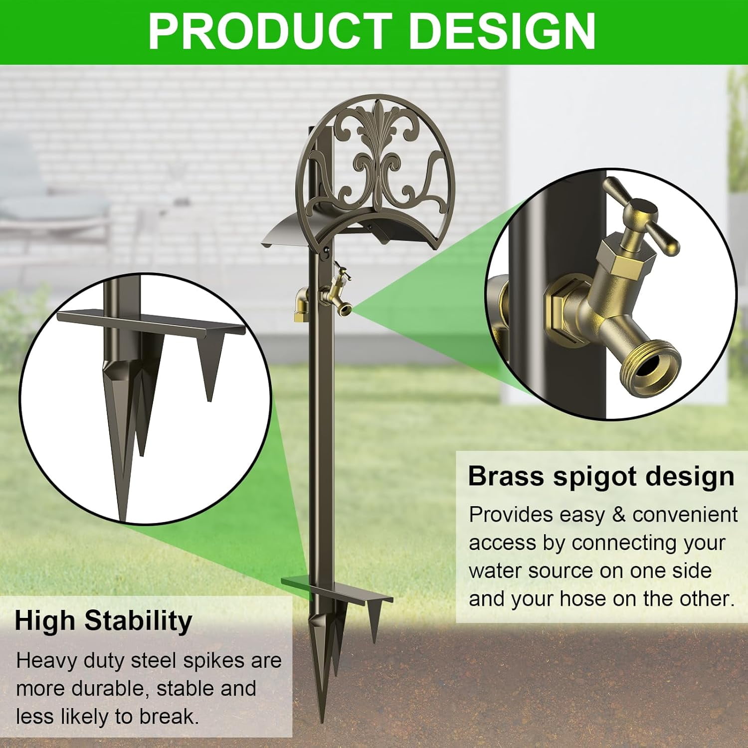 Garden Hose Stand with Brass Faucet, Detachable Heavy Duty Water Hose Holder, Freestanding Metal Hose Reel Decorative Storage Hanger Holds 150-Feet Hose for Outside Patio Lawn Yard