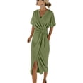 thumbnail image 2 of Guieoi Summer Dresses for Women under $10 Plus Size V-Neck Short-Sleeve Knot-Detail Waist-Cinched Slit-Front Wrap Solid-Color Midi Dress Brown XL, 2 of 5