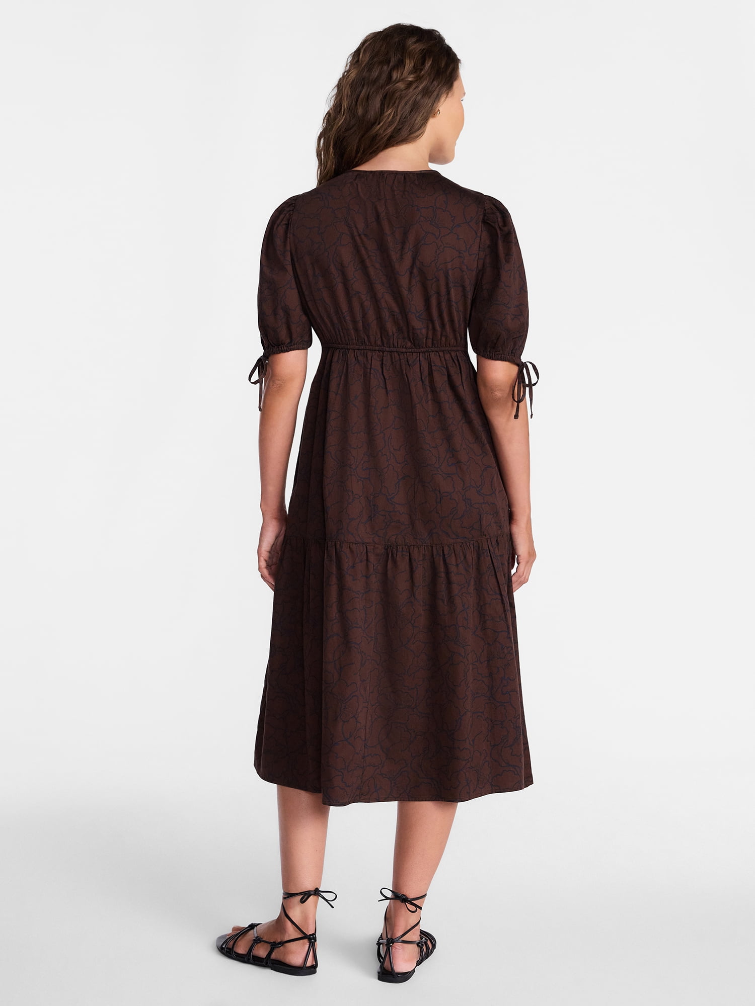 Time and Tru Women's Tiered Midi Dress with Tie Puff Sleeves, Sizes XS-XXXL