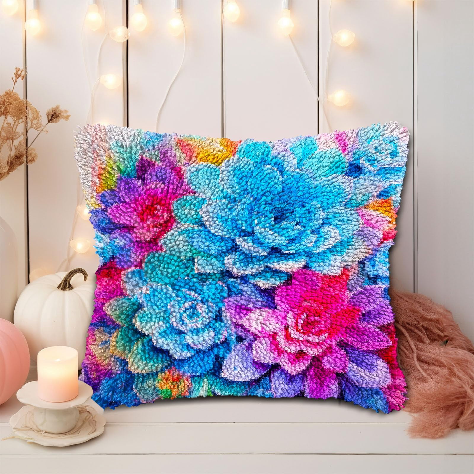 Colorful Flower Succulent Plants DIY Latch Hook Pillow Kits for Adults Printed Pillowcase Crochet Yarns Hooking Handmade Pillow Cover Cushion for Home Sofa Decoration 17x17inch(1)