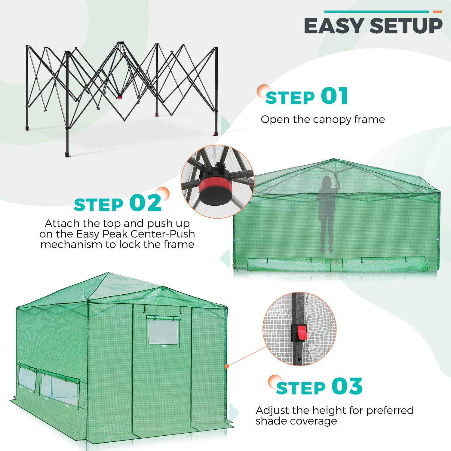 EAGLE PEAK 12x8 Portable Large Walk-in Instant Greenhouse with Support Pole, Pop-up Outdoor Plant Gardening Green House Canopy, Green