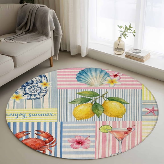 Summer Lemons Round Area Rug 3Ft Washable Small Circle Rugs for Kitchen Entryway, Coastal Nautical Shell Crab Vintage Art Non-Slip Carpet Floor Mats Indoor Outdoor Carpet Runner Aesthetic Home Decor