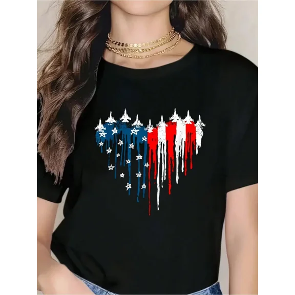 Women's Patriotic American Flag Heart Fighter Jet Graphic T-Shirt Casual Short Sleeve Tee