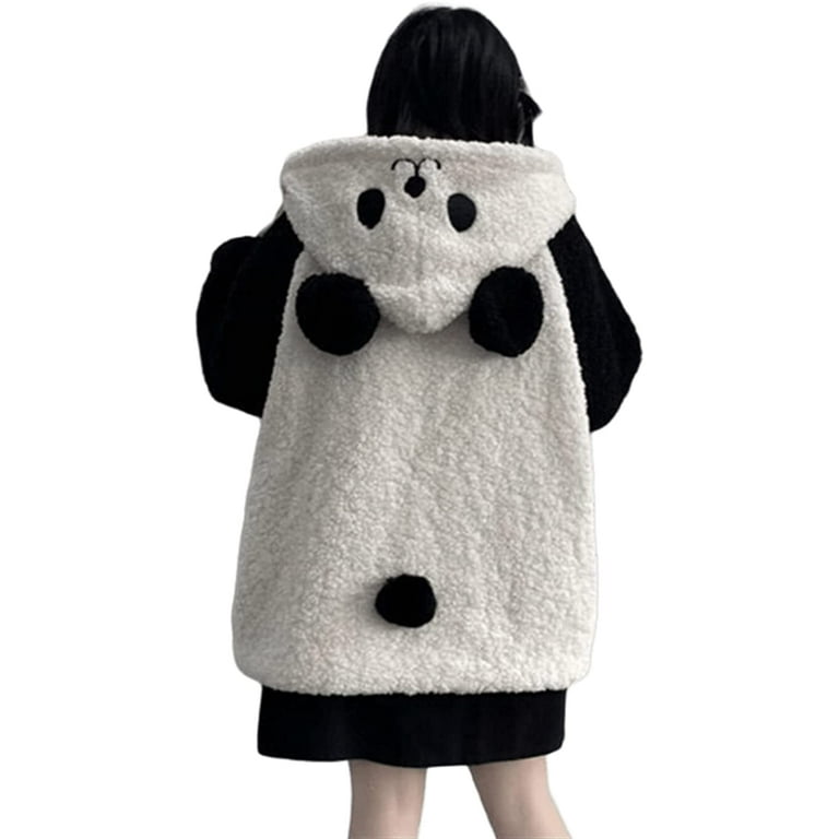 CoCopeaunt Women Girl Kawaii Panda Ear Hoodie Cute Preppy Hooded Sweatshirt with Pocket Tailed Oversize Warm Sherpa Fleece Tops