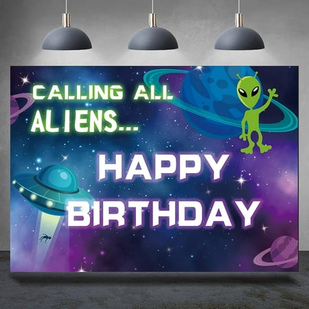 Image of UFO Alien Backdrop - Spaceship Happy Birthday Party Photography Background Flying Saucer Science Cartoon Space Theme Party Decorations Supplies for Boys Kids Party Banner Photo Booth Props 7x5ft