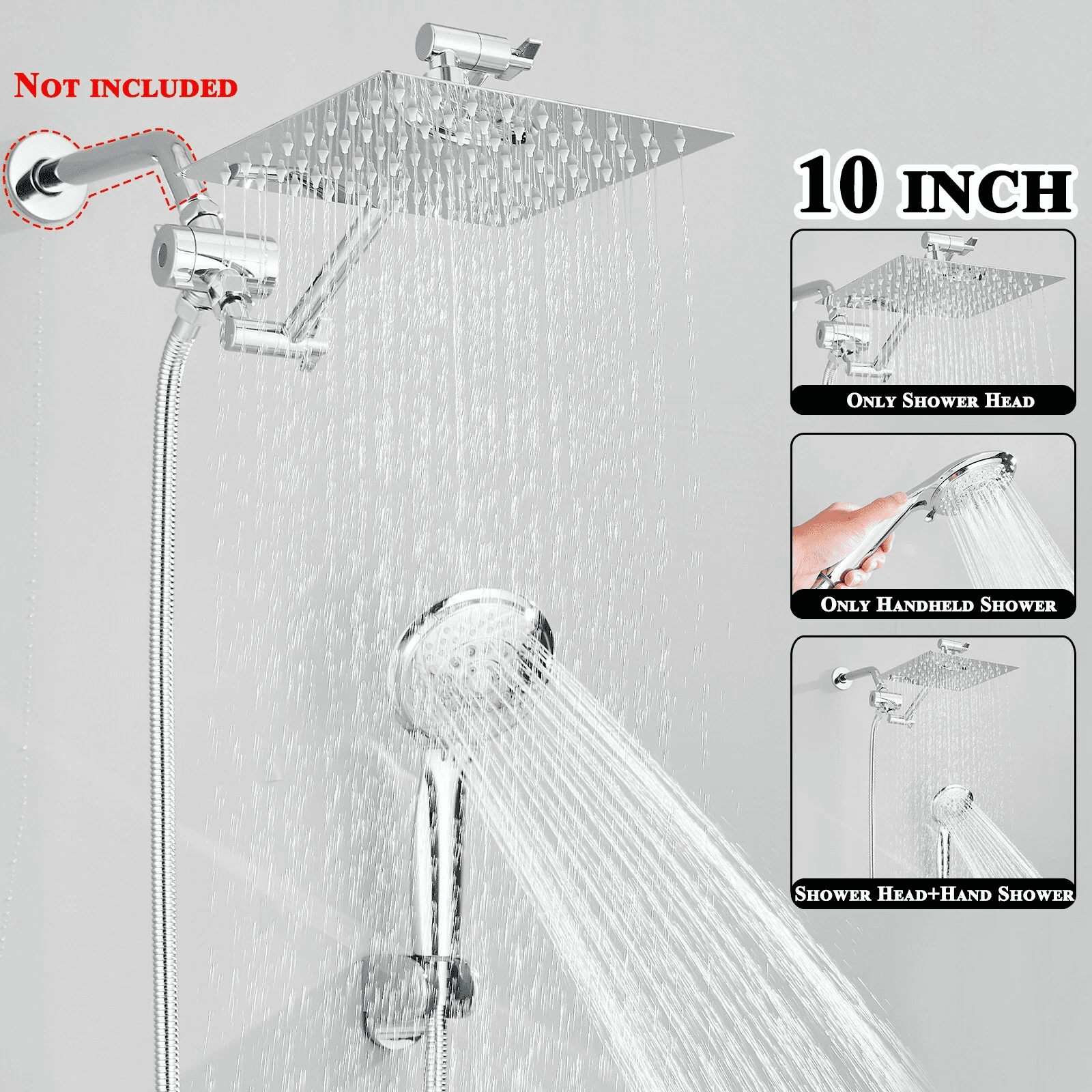 Zovajonia 10 inch Rainfall Shower Head Combo Stainless Steel Rain Shower Head with 3 Modes Handheld Water Spray,High Pressure Showerhead with Arm