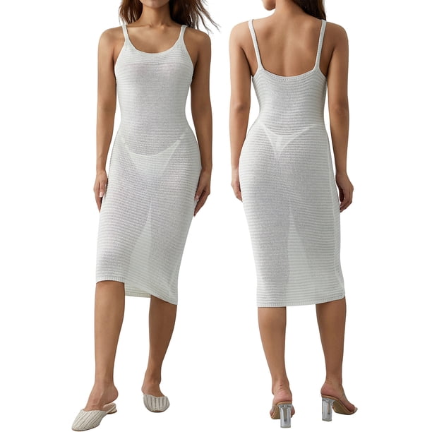 SAYOO Vestido Largo Casual Blanco para Mujer, Vestido Midi Ajustado de Punto Acanalado Sin Espalda Sin Mangas de Verano SAYOO casual