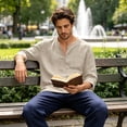 thumbnail image 7 of Mens Linen Shirt Breathable 3/4 Sleeve T Shirts Pullover V Neck Loose Summer Casual Top Lightweight Quick Dry Tees, 2XL, 7 of 7