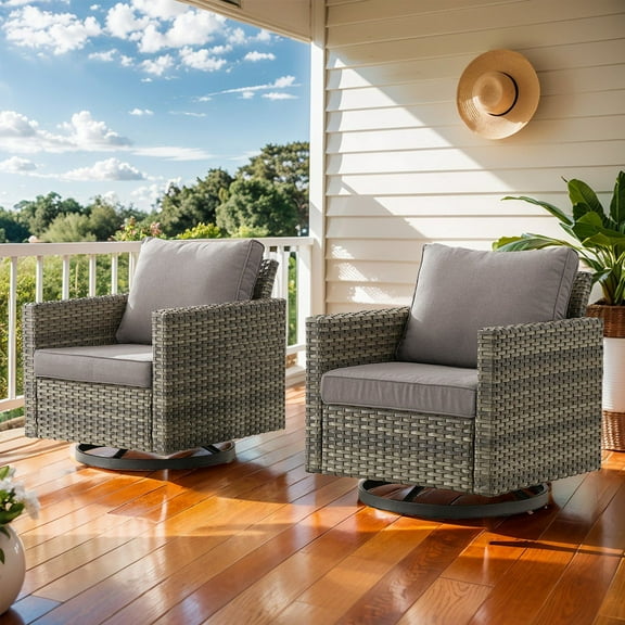 PARKWELL Contemporary Outdoor Swivel Rocking Chair Set of 2,Patio Wicker Swivel Lounge Glider Chair for Porch Balcony Yard,Gray/Gray