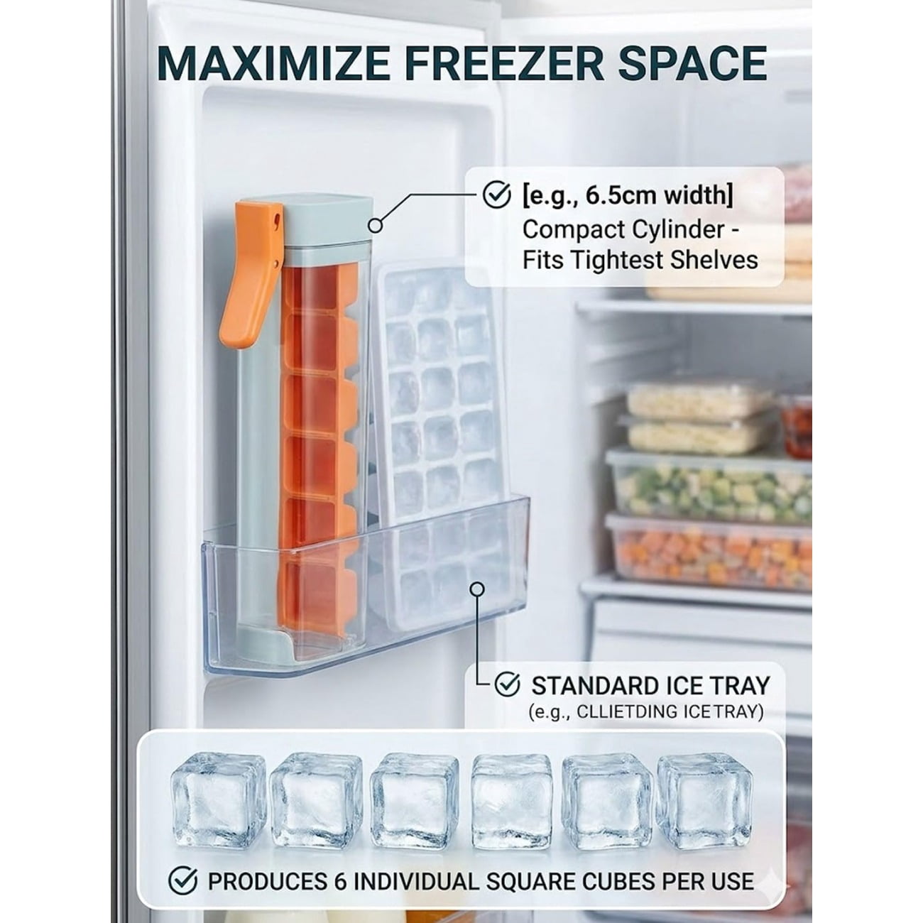 One Glass Ice Maker, Press Ice Tray Mold, Pop Out Cubes Without, Space-Saving Design and Easy Maintenance, Producing 6 Square Ice Cubes Per Tray, Ice Cube Tray Cup for Maker Ice Drink