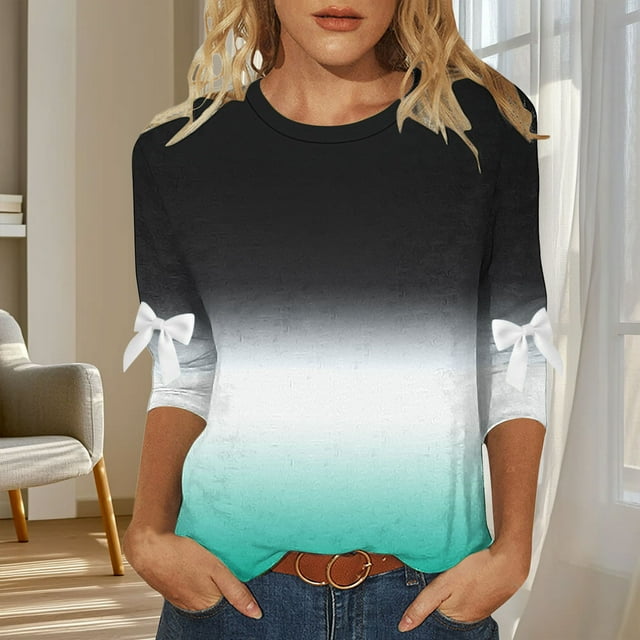 Ounisa Hauts Dégradés pour Femmes Manches 3/4 Nœud Imprimé Vêtements Raglan Col Rond Chandail Chemises Amples P-5TG