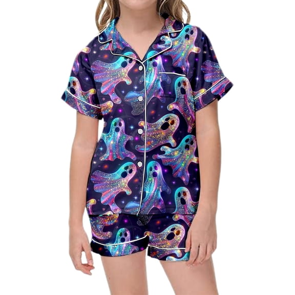 Kids Halloween Pajamas Size 2-3 Years Childrens Nightwear Full Print Top with Shorts Soft Homewear Set Pjs for Boys Purple