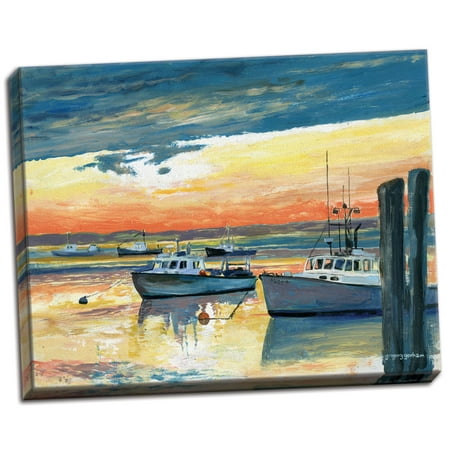 Gango Home Decor Coastal Painterly Decor | Orange, Yellow & Blue Sunset Fish Pier Channel by Gregory Gorham (Ready to Hang); One 14x11in Hand-Stretched Canvas