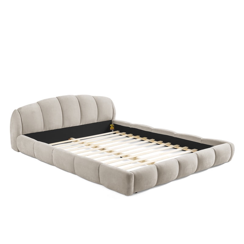 Queen/King Size Upholstered Platform Bed Frame, No Box Spring Required Low Profile Floor Bed with Padded Headboard & Footboard