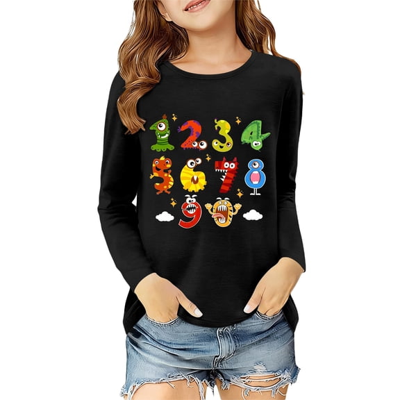 Byoo Toddler Girls Number Graphic Tee Shirt Casual Full Sleeve Soft Relaxed Fit T Shirt Comfortable Summer Pullover Top, Black