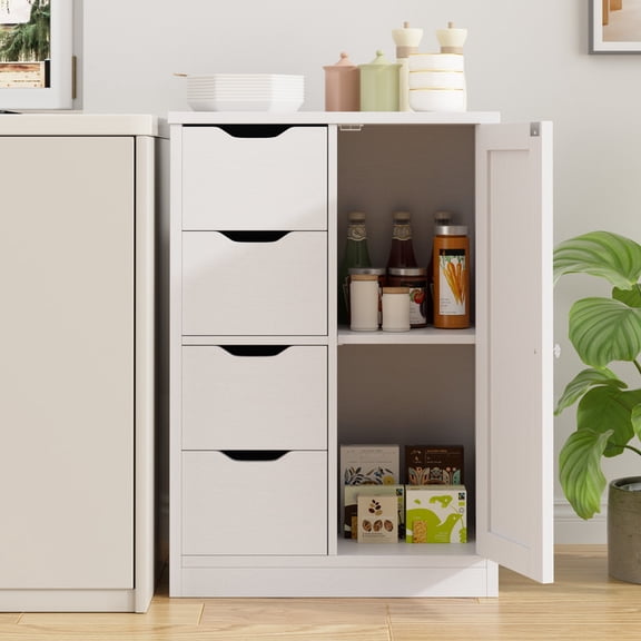 Bathroom Floor Storage Cabinet, Wooden Storage Organizer with 4 Drawers and 1 Cupboard, Freestanding Entryway Storage Unit Console Table(White)