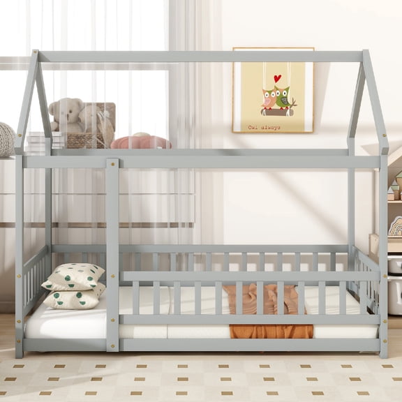 Twin Size Montessori bed Frame with Roof Frame, Wooden House Floor Beds with Safety Guardrails for Bedroom, Apartment, Mattress not included,No Box Spring Needed,Easy Assembly,Grey