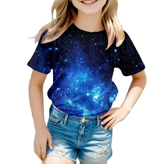 Summer Toddler Girl Clothes Crewneck Galaxy Print Basic Top Blouse Lightweight Comfort Holiday Shirt for Toddler Kids,Blue,110