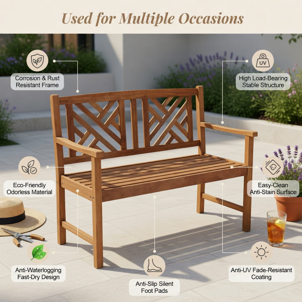 Hommoo Acacia Wood 2-Person Outdoor Bench with Ergonomic Armrests & Slatted Backrest, Garden Patio Bench for Backyard, Porch, Deck, Brown