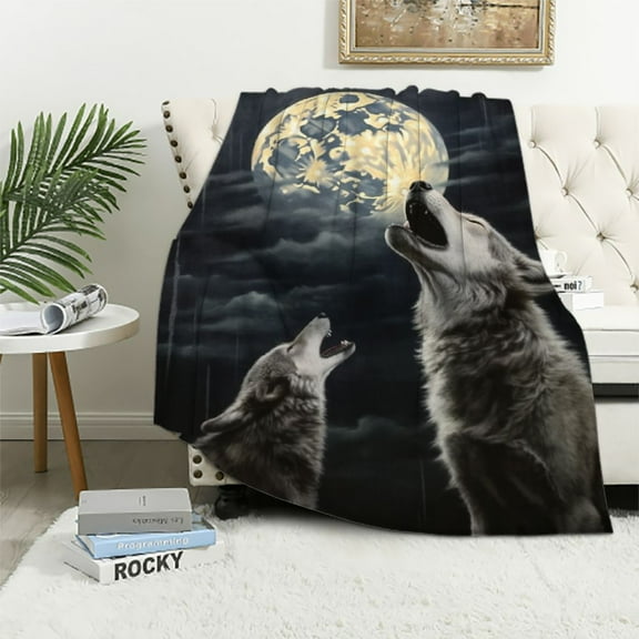 Nawypu  Wolf Sherpa Blanket,Howling Wolf Throw Blanket,Evening Clouds Moon Wolf Blanket,Cozy Soft Sherpa Blanket for Boys Adults,Wolf Father and Son Printing Blanket