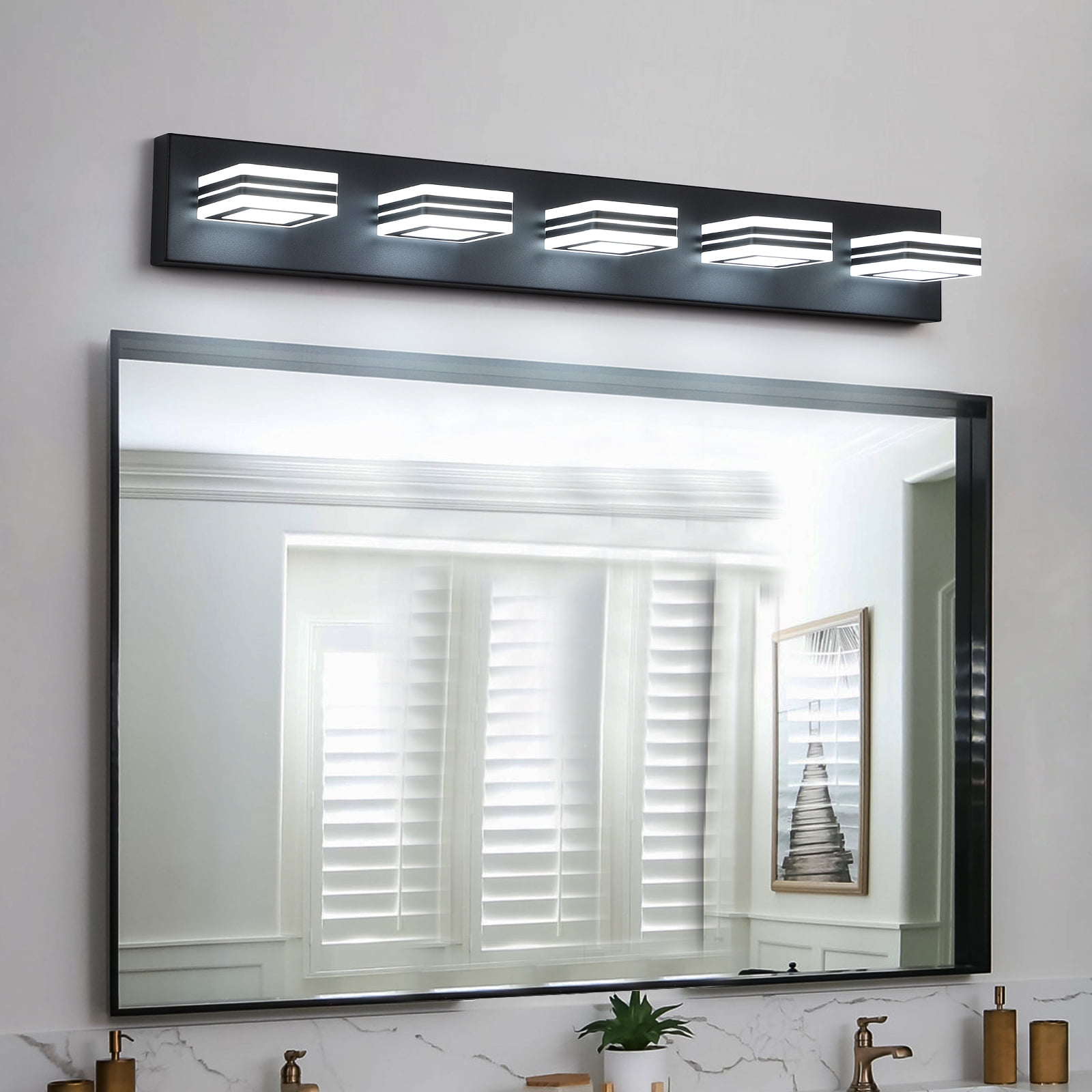 32" Modern Black 5-Light LED Vanity Light, Square Acrylic Lampshades Wall Mount Fixture for Bathroom, Mirror Lighting