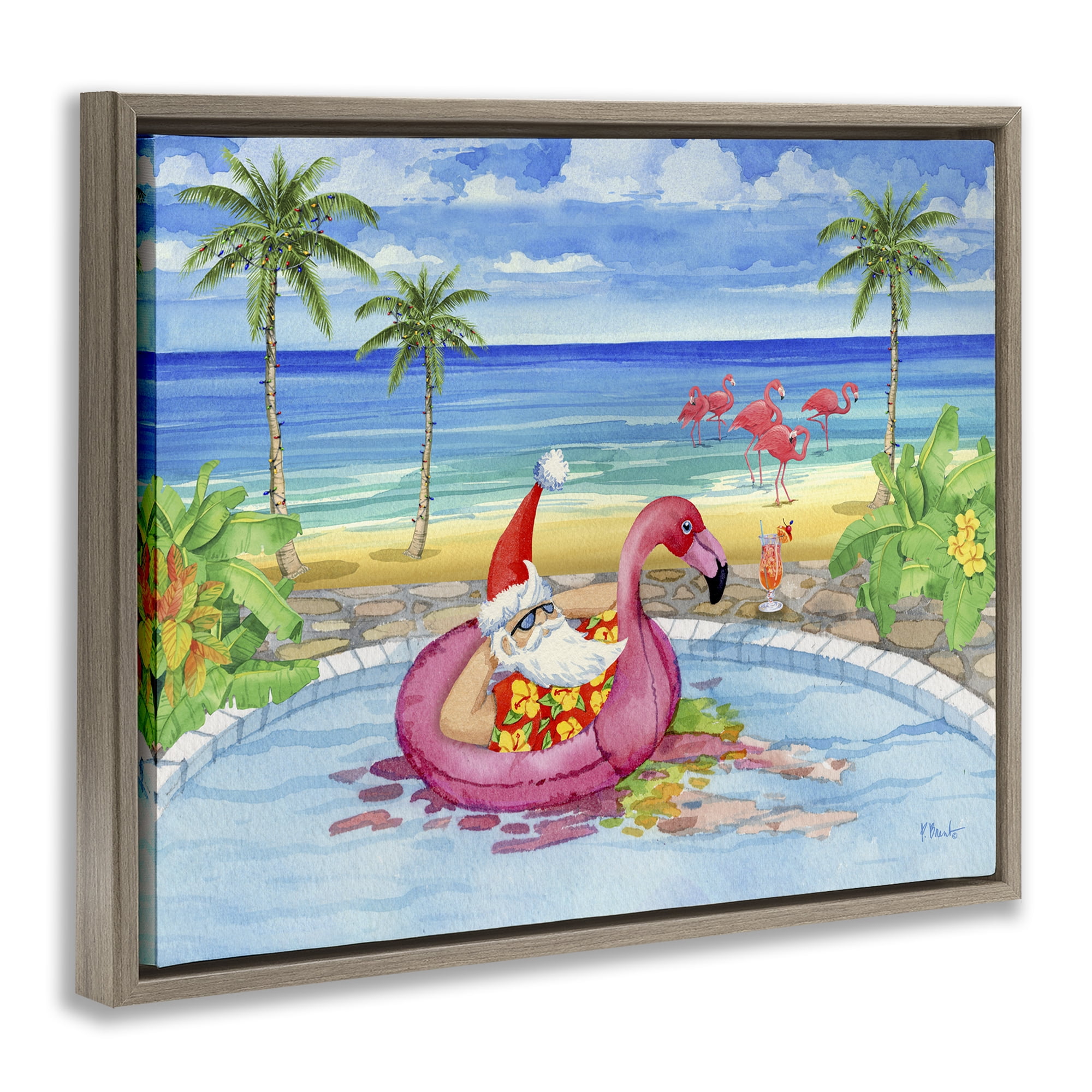 Stupell Industries Santa with Pool Float Holiday Painting Brown Floater Framed Canvas Art Prints Wall Art, 31 x 25