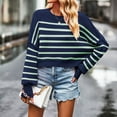 thumbnail image 6 of PiGOGI Women's Striped Knit Sweater Round Neck Long Sleeve Loose Pullover Casual Fall Winter Fashion Tops Soft Comfort Navy XL, 6 of 6