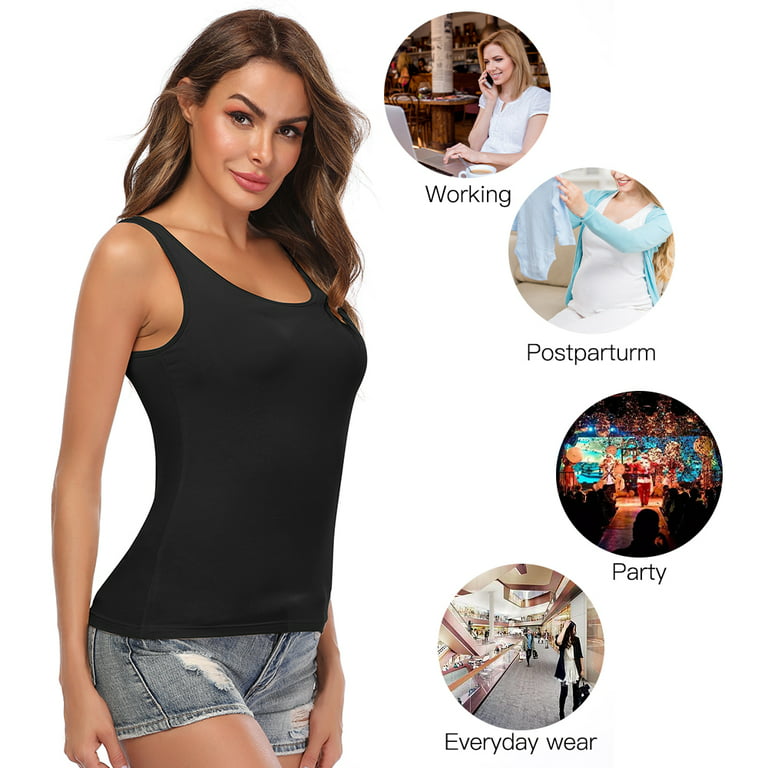CARCOS 2 Packs Womens Tank Tops with Built in Shelf Bra Plus Size Basic  Stretchy Padded Camisole Casual Layering Tanks Undershirt Black-Gray XL