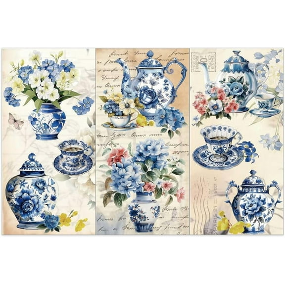 3pcs/Set Vase Rub on Transfers for Furniture and Crafts 6x12 inch Blue and White Porcelain Decor Transfer Stickers Hydrangea Rub on Decals for Wood Furniture Scrapbooking Home Decorations