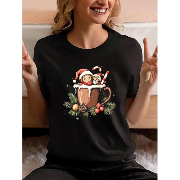 Women's Festive Christmas T-Shirt with Hot Chocolate & Movie Characters - Casual Short Sleeve, Crew Neck Tee For Adult, Men, Women, Teen, Teenager, Adolescent, Youth