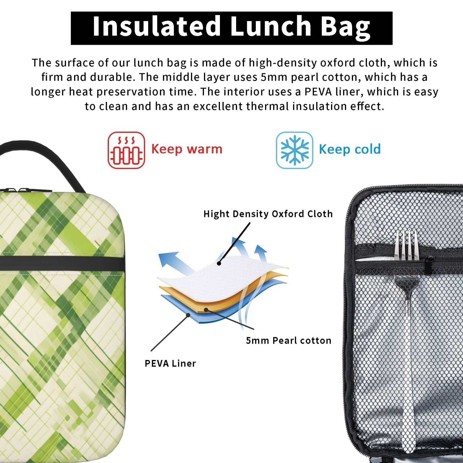 Lunch Bag For Women Men Insulated Portable Lunch Box Bento Box Office Picnic Travel Cooler Bag Lime Houndstooth Hand-Drawn Sketch_4