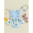 thumbnail image 2 of Suealasg 2pcs Infant Girl Easter Clothes Sets 3M 6M 12M 18M Baby Girls Summer Birthday Party Romper Dress Sleeveless Floral Print Lace Ruffle Bodysuit+Headband, 2 of 9