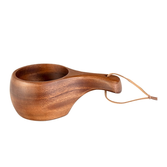 Taza de madera para café, té o leche con asa y cordón. Textura natural. Vaso térmico para camping, viajes, uso doméstico y al aire libre.